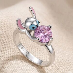 Cute Alien  Sterling Silver Ring with Pink Crystal